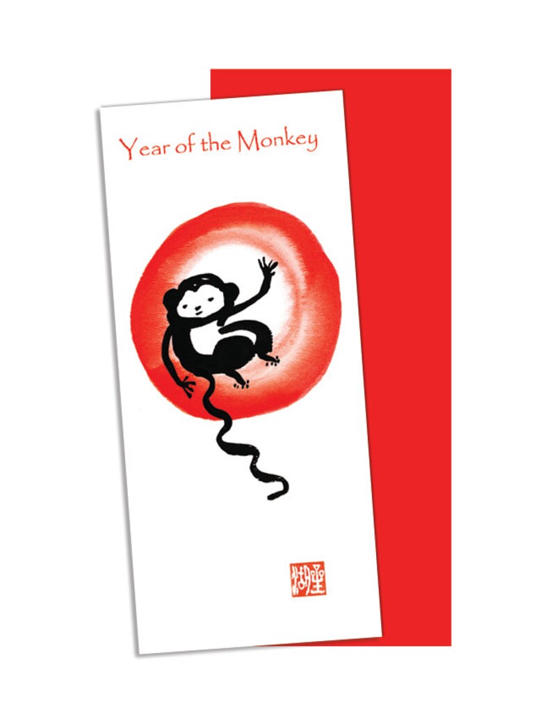 Monkey Moon Red Enso, Custom Birthday Card, Chinese New Year of the Monkey card, lunar new year, japan art, red envelope, hóngbāo, taoist image 1