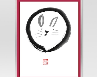 Rabbit, Chinese Year of the Rabbit, Original Zen Brush Sumi ink Painting, zen decor, Japan style illustration, nursery art, childs room art