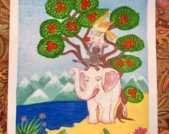 Four 4 Harmonious Animal Friends, Bhutan Buddhist art Painting, one-of-a-kind art, feng shui, thangka art, zen decor, asian art