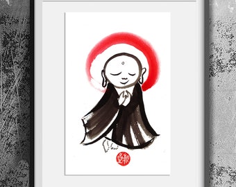 Jizo, Baby Buddha, zen Brush Sumi-e Ink Painting, Original Zen Fine Art, enso, zen decor, spiritual art