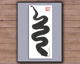Snake, Chinese New Year of the Snake, Original Sumi-e ink Painting Chinese Zodiac, zen asian decor, japan tea ceremony, childrens room art