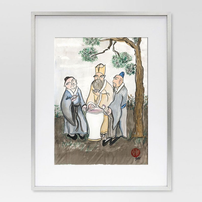 The Vinegar Tasters: Buddha, Confucius, Lao Tzu, print of original painting, Tao of Pooh, zen decor, Buddhist Taoist, Its how you look at it image 1