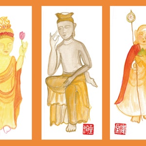 Three Panel Buddha paintings: Shakyamuni, Miroku, Jizo, Original Wall Art, Zen Buddhist art, Watercolors, japan style, zen decor, taoist art image 1