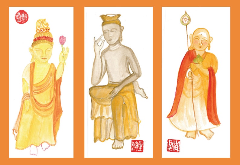 Three Panel Buddha paintings: Shakyamuni, Miroku, Jizo, Original Wall Art, Zen Buddhist art, Watercolors, japan style, zen decor, taoist art image 1