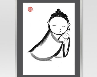 Jizo, Baby Buddha, Custom Zenbrush Sumi-e Ink Painting, Zen Art, japanese, asian wall art