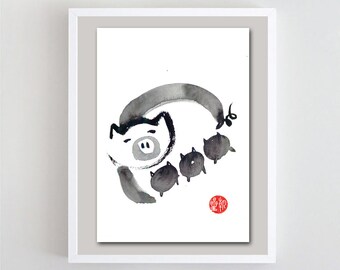 Pig, Year of the Pig, Chinese Lunar New Year Zodiac Card Art, Original Zen Brush Art Sumi Ink Painting, zen japanese, zen decor