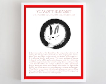 Op de afbeelding: Een zwart-witte illustratie van een konijn in een cirkel, met de tekst "YEAR OF THE RABBIT" en de jaren 1915, 1927, 1939, 1951, 1963, 1975, 1987, 1999, 2011, 2023. De tekst beschrijft de kenmerken van het konijn in de Chinese cultuur.