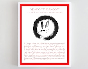 Rabbit, Chinese Lunar New Year 2023 of the Rabbit Print of Original Zen Brush Art Sumi-e ink Painting, zen decor, japan style, nursery art