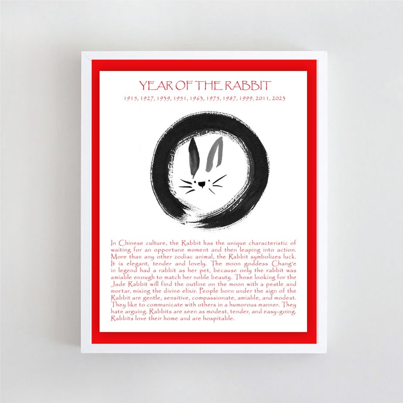 Rabbit, Chinese Lunar New Year 2023 of the Rabbit Print of Original Zen Brush Art Sumi-e ink Painting, zen decor, japan style, nursery art image 1