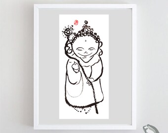 Jizo, Baby Buddha Painting, Buddhist art, ZenBrush Sumi-e Ink, Original Art for zen decor, spiritual art, taoist art, yoga