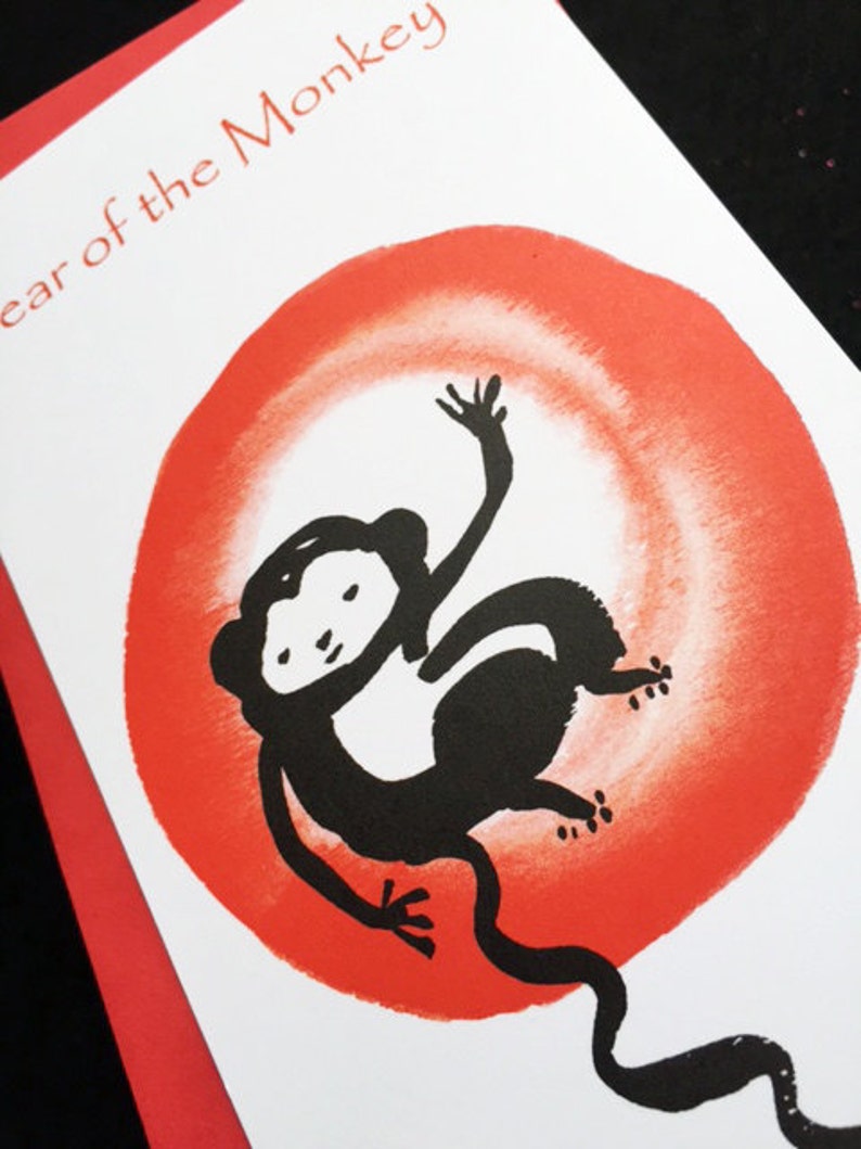 Monkey Moon Red Enso, Custom Birthday Card, Chinese New Year of the Monkey card, lunar new year, japan art, red envelope, hóngbāo, taoist image 4