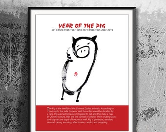 Pig, Chinese Lunar New Year of the Pig, Chinese Zodiac Print Poster Zenbrush Ink Painting, Japanese scroll, zen decordecor, asian wall art