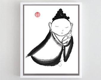 Jizo, Baby Buddha, Zenbrush Sumi-e Ink Painting, Original Art, zen decor, buddhist japanese, asian wall art