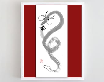 Dragon painting, Chinese Zodiac New Year of the Dragon, 2024, Zen Art Sumi Ink Original Painting, japan style, zen decor, taoist,  yoga art