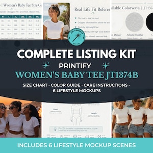 May include: A complete listing kit for a Women's Baby Tee JT1374B, including a size chart, color guide, care instructions, and six lifestyle mockups. The kit features a white cropped tee and color options in Athletic Heather, Caviar, and Cherry Blossom.