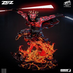 May include: A 1:6 scale collectible figurine of a horned, red and black tattooed character leaping over a base of molten lava. The figure holds a double-bladed glowing light weapon. Text on the image includes "ZEZ NEW ERA" and "PRESUPPORT READY 1:6 SCALE".