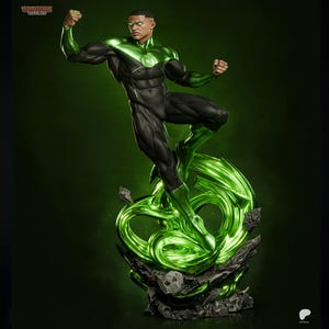 May include: A Green Lantern statue in a dynamic pose, with a black and green suit. The figure is standing on a base of green energy and stone. The statue has a detailed design and is set against a dark green background.
