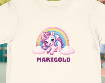 Personalized Unicorn Shirt for Girls, Custom Name Rainbow Toddler Tee, Sizes 2T through 5T, Girl's Back To School or First School Shirt