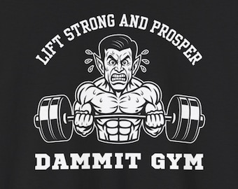 Lift Strong and Prosper Funny Gym Shirt,  Sci-Fi Workout Tee with Pointy-Eared Alien, Unisex Nerdy Fitness Gift for Geeks & Bodybuilders