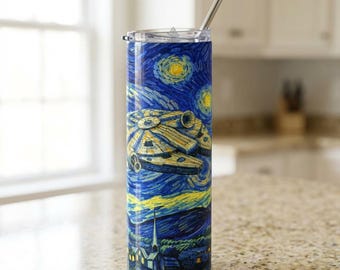 Starry Night Space Ship 20oz Skinny Tumbler, Galaxy Art Travel Mug, Van Gogh Inspired, Falcon Satire Art, Millennium Wraparound Drinkware