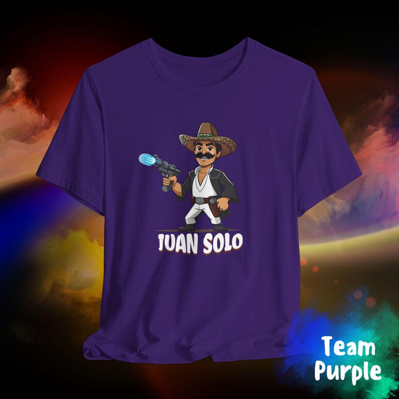 Juan Solo Shirt, Hispanic Star Warrior fan Parody, Geeky Sci-Fi Gift for Him or Her, May the 4th/Fourth, Cinco de Mayo Unisex Jersey Tee Team Purple