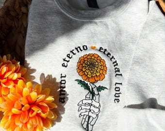 brodé Amor Eterno | Main squelette, Fleurs de souci| Ras du cou Dia de Los Muertos