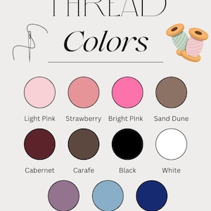 Pu&ograve; includere: Un grafico che mostra i colori del filo con il titolo "THREAD Colors". I colori sono: Rosa chiaro, Fragola, Rosa acceso, Duna di sabbia, Cabernet, Carafa, Nero, Bianco, Viola, Ghiacciaio e Blu.