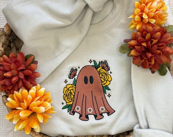 Sweat-shirt fantôme brodé : fleurs de souci Halloween Dia de los Muertos