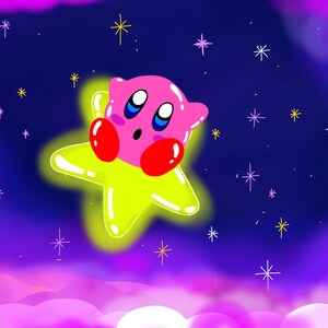 Könnte beinhalten: Ein rosa Comic-Charakter mit großen Augen und roten Wangen fliegt auf einem gelben Stern in einem dunkelblauen Himmel mit rosa Wolken und weißen Sternen.