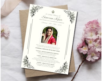 May include: A white and black funeral announcement card with a floral design and a photo of a woman. The card includes the name Simran Kaur, the dates January 1, 1979 - May 1, 2023, and details for a funeral service on May 26, 2023.