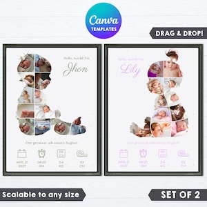 Puede incluir: Dos impresiones enmarcadas de anuncios de nacimiento para bebés. Cada impresión presenta un collage de fotos de bebés con forma de bebé. Las impresiones incluyen el nombre del bebé, la fecha de nacimiento, la hora, el peso (3,4 kg) y la longitud (53 cm).