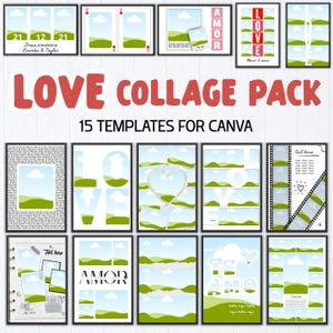 Puede incluir: Un conjunto de 15 plantillas de Canva para collages de fotos. Las plantillas presentan diseños con las palabras "LOVE" y "AMOR". Incluyen espacios para fotos y texto, con un tema romántico. También se muestra el texto "LOVE COLLAGE PACK".