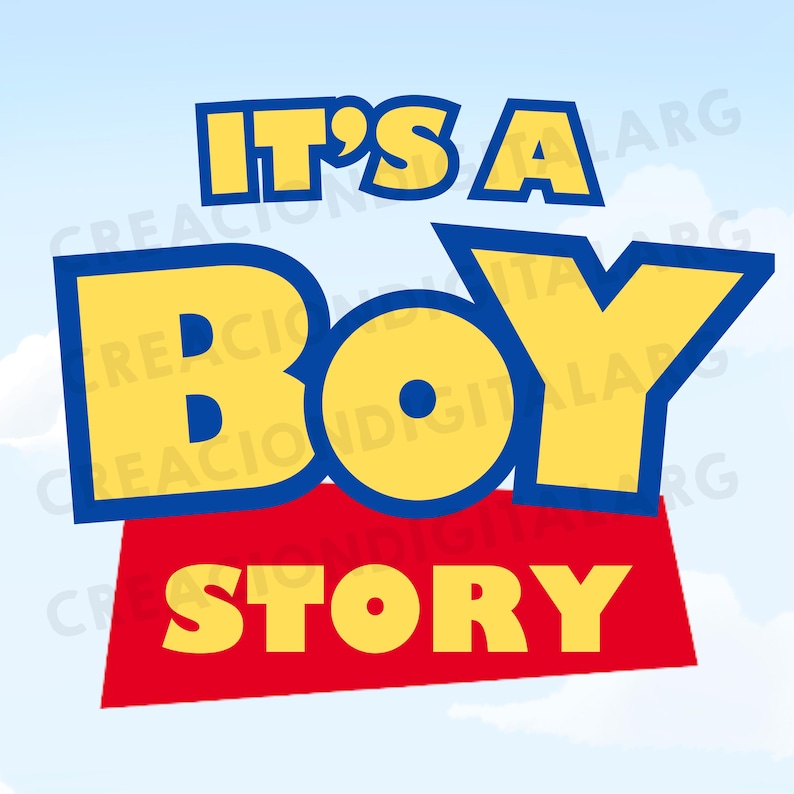 May include: A graphic design featuring the text IT'S A BOY STORY. The words IT'S A are in yellow with blue outlines, BOY is in large yellow letters with blue outlines, and STORY is in yellow letters on a red rectangular background.