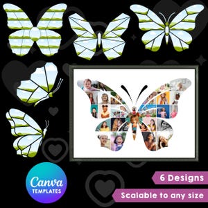 Peut inclure: Un collage photo en forme de papillon encadré, rempli de diverses images d'enfants. Autour du collage encadré, cinq motifs de papillons avec des paysages. Le texte "Canva Templates" et "6 Designs, Scalable to any size" est également présent.