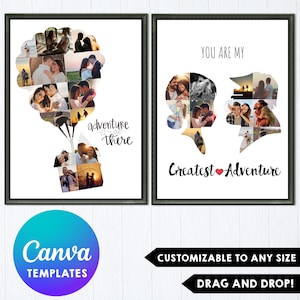 Puede incluir: Dos collages de fotos enmarcados con marcos negros. Uno dice "adventure is out there". El otro dice "You are my Greatest Adventure". Cada collage contiene fotos de parejas, ideal para regalo.