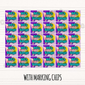 May include: A sheet of purple squares with the text "90's Songs" in a retro design. Each square features a colorful image of a keyboard. The text "WITH MARKING CHIPS" is at the bottom.