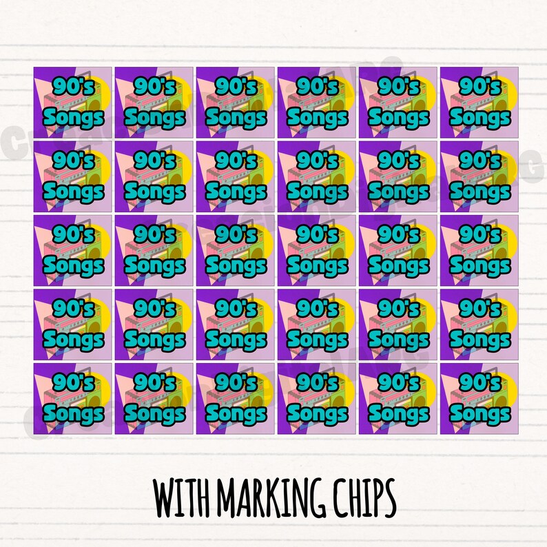 May include: A sheet of purple squares with the text "90's Songs" in a retro design. Each square features a colorful image of a keyboard. The text "WITH MARKING CHIPS" is at the bottom.