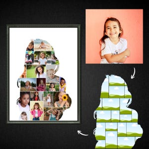 Puede incluir: Un collage de fotos enmarcado con la forma de la silueta de una mujer, lleno de varias fotos de niños. Una foto separada de una niña sonriente está a la derecha. El fondo es negro.