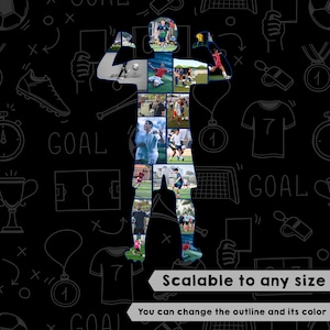 May include: Black background featuring a silhouette of a person filled with images of soccer players. The background has soccer-themed doodles and the word "GOAL". The text "Scalable to any size" and "You can change the outline and its colour" are also present.