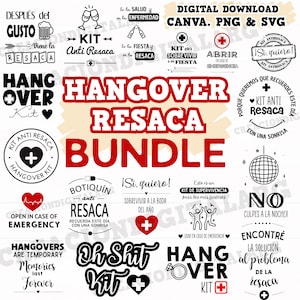 Peut inclure: Un ensemble de téléchargement numérique avec divers graphiques et textes sur le thème de la gueule de bois. Comprend des phrases telles que "Hangover Kit", "Anti Resaca" et "Open in Case of Emergency". Le design présente un mélange d'icônes et de texte.