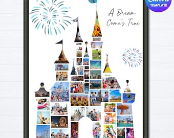 Theme Park Vacation Photo Collage, Magical Castle Vacation Picture Frames, Vacation Memory Poster, Canva Template, Digital Download
