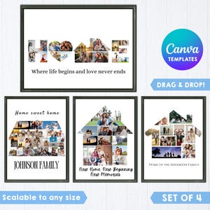 Puede incluir: Un conjunto de cuatro plantillas de collage de fotos digitales con diseños en forma de casa para mostrar fotos familiares. Los diseños incluyen texto como "HOME Where life begins and love never ends", "Home sweet home" y "New Home, New Beginning".