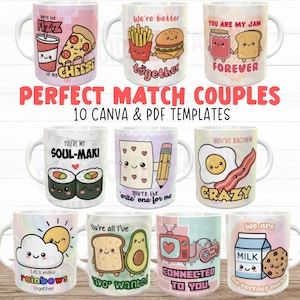 Puede incluir: Tazas de cerámica blancas con gráficos de dibujos animados coloridos. Los diseños incluyen pizza y refresco, papas fritas y hamburguesa, mermelada y tostadas, sushi, papel y lápiz, huevo frito y tocino, una nube y sol, aguacate y tostadas, un televisor y leche y galletas. Texto: "Perfect Match Couples".