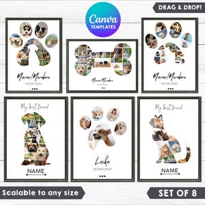 Puede incluir: Juego de 8 collages de fotos de mascotas enmarcados. Cada impresión enmarcada en negro presenta un diseño temático de mascotas, que incluye huellas de patas, un hueso de perro, siluetas de perros y gatos. Las impresiones incluyen el texto "Name/Nombre", "My best friend" y "Laika".