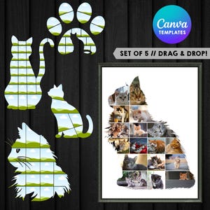 May include: A set of cat-themed templates, including cat silhouettes and a paw print, with a framed cat silhouette filled with cat photos. The templates are designed for drag and drop customization.