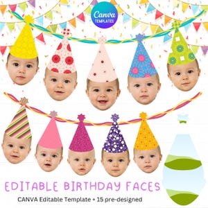 Editable Party Hat Face Template, Custom Photo Garland, 1st Birthday Decor, Add Your Face Bunting, Party Hat Frame, CANVA Digital Download