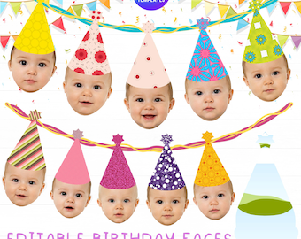 Editable Party Hat Face Template, Custom Photo Garland, 1st Birthday Decor, Add Your Face Bunting, Party Hat Frame, CANVA Digital Download