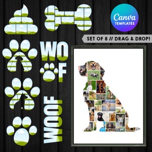Puede incluir: Un diseño digital con elementos temáticos de perros. Incluye una silueta de perro llena de fotos de perros, huellas de patas, un hueso y la palabra "WOOF". El diseño también incluye el texto "Canva Templates" y "Set of 8 // Drag & Drop!"