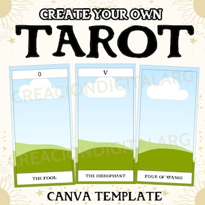 Puede incluir: Una plantilla de Canva para crear cartas del tarot. El diseño presenta tres diseños de cartas con fondos de cielo y paisaje. Las cartas están etiquetadas con números romanos y nombres de cartas: El Loco, El Hierofante y Cuatro de Bastos. El texto "CREATE YOUR OWN TAROT" está en la parte superior.