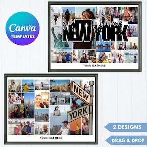 Puede incluir: Dos plantillas de collage de fotos de Nueva York enmarcadas. El marco superior presenta un horizonte negro con las palabras "NEW YORK" y el texto "YOUR TEXT HERE". El marco inferior tiene un letrero que dice "NEW YORK" y el texto "YOUR TEXT HERE".